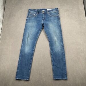 & Denim Jeans Mens 34/32 Blue Whiskered 360° Tech Stretch Slim Low Waist Grunge